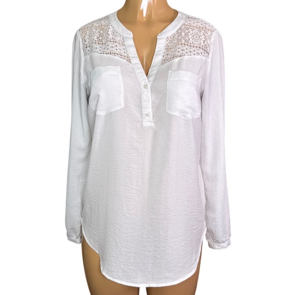 Express White Long Sleeve Semi Sheer Crochet Blouse Size Medium